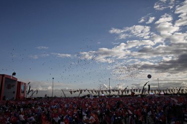 Türk ve parti bayrağını yöneten AK Parti 'nin taraftarları, Istanbul 'da yapılan bir seçim mitingi sırasında Başbakan Ahmet Davutoğlu 'Nu dinler, 25 Ekim 2015