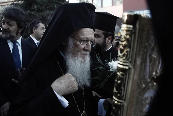 Oecumenische Patriarch Bartholomeüs Arriveert Deel Nemen Aan Een Mis Kerk — Stockfoto
