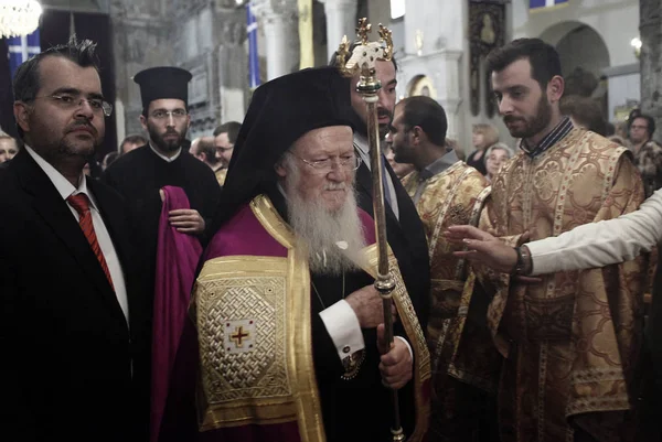 Oecumenische Patriarch Bartholomeüs Leidt Een Mis Kerk Van Sint Demetrius — Stockfoto