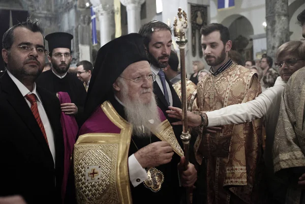 Oecumenische Patriarch Bartholomeüs Leidt Een Mis Kerk Van Sint Demetrius — Stockfoto