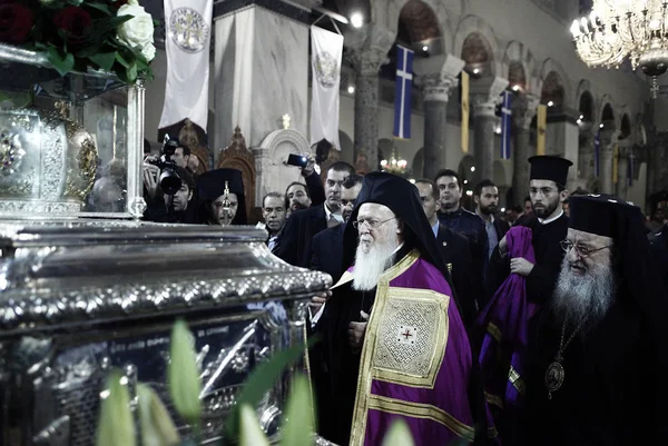 Patriarca Ecuménico Bartolomé Dirige Una Misa Iglesia San Demetrio Tesalónica — Foto de Stock