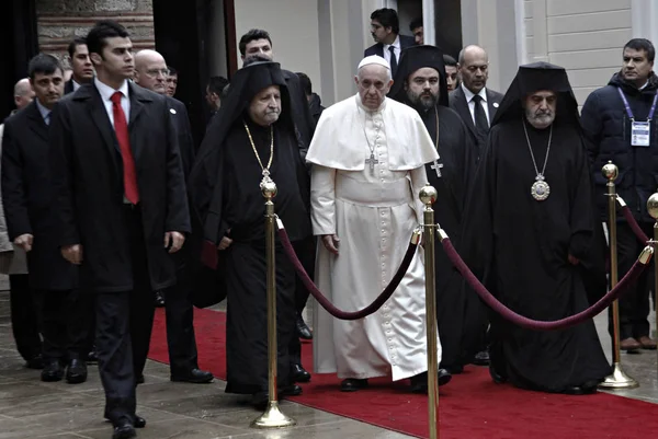 Pape François Arrive Pour Assister Une Prière Œcuménique Église Patriarcale — Photo