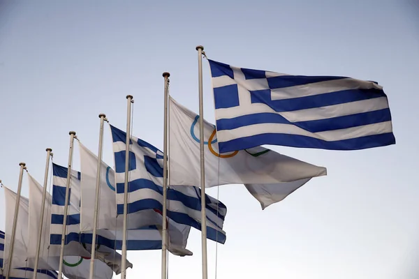 Flagi Grecji Flagi Igrzysk Olimpijskich Fala Poza Panathenaic Stadium Atenach — Zdjęcie stockowe