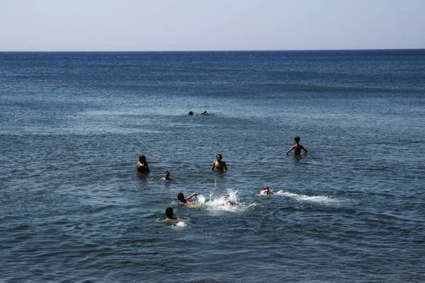 Badare Ligger Stranden Eftalou Lesbos Island Grekland Aug 2017 — Stockfoto