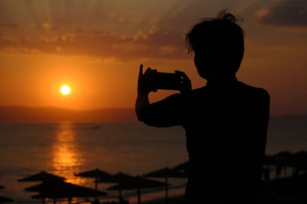 Tramonto Sulla Spiaggia Plaka Nell Isola Naxos Grecia Agosto 2018 — Foto Stock