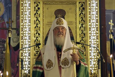Patriarch of Moscow and All Russia Kirill holds a solemn service at the Metropolis Cathedral of Agios Gregorios Palamas in Thessaloniki, Greece on Jun. 3, 2013 clipart