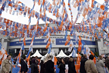 Adalet ve Kalkınma Partisi (AKP) destekçileri 8 Şubat 2015 tarihinde İstanbul'da bir seçim mitinginde toplandı.