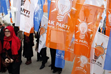 Adalet ve Kalkınma Partisi (AKP) destekçileri 8 Şubat 2015 tarihinde İstanbul'da bir seçim mitinginde toplandı.