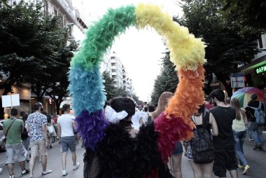 Participants march during the Gay Pride parade in Thessaloniki, Greece on June 21, 2014 clipart