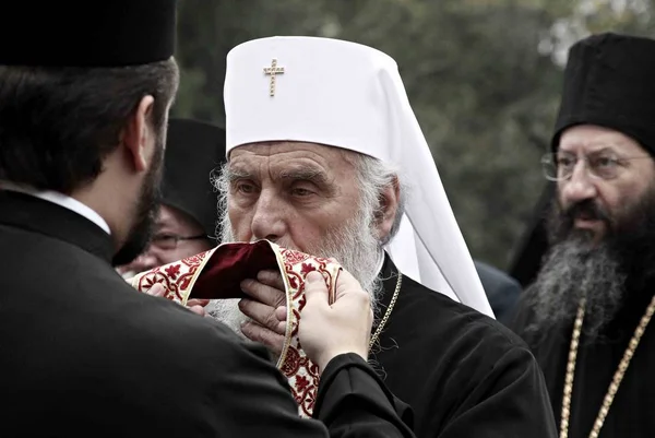 Serbian Orthodox Church Patriarch Irinej Arrives Serve Memorial Service Victims — Stock Photo, Image