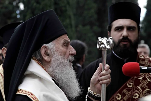 Serbian Orthodox Church Patriarch Irinej Arrives Serve Memorial Service Victims — Stock Photo, Image