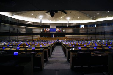 Plenary room of the European Parliament in Brussels, Belgium in Brussels, Belgium on Feb. 26, 2019 clipart