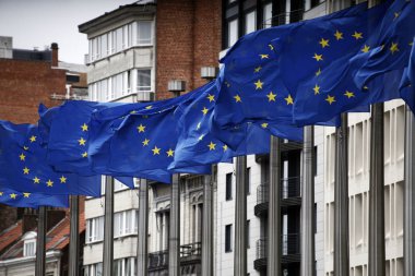 European flags flap in the wind outside EU headquarters in Brussels, Belgium on Jul. 10, 2018 clipart