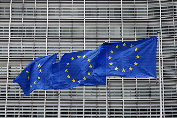 Brussels, Belgium. 7th March 2019. European flags flap in the wind outside EU headquarters.