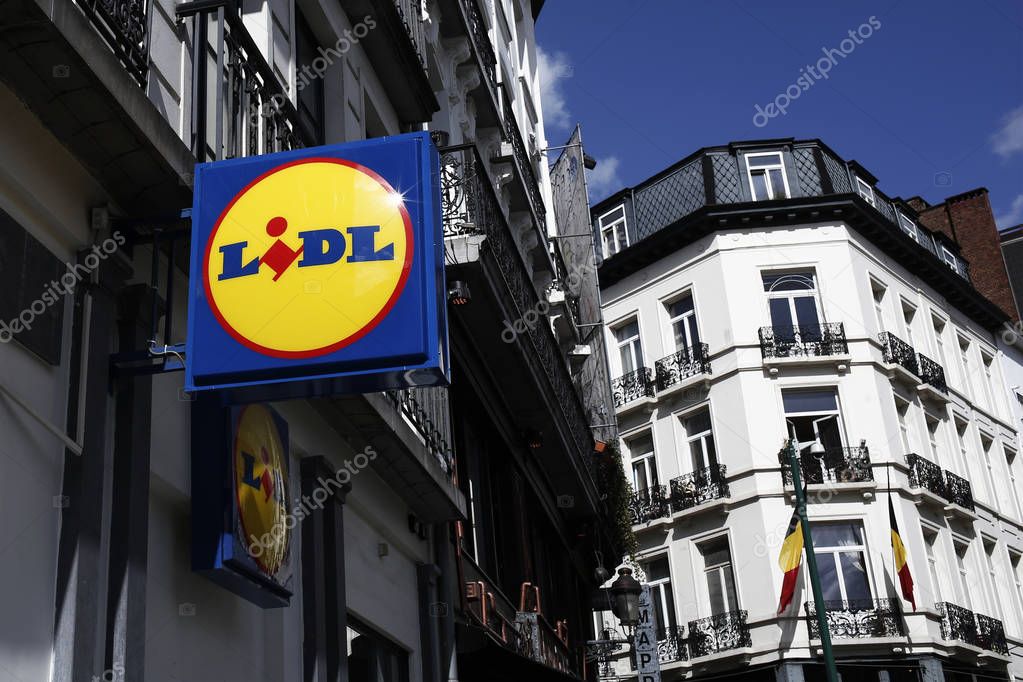 A logo of German global discount supermarket chain Lidl is seen on a store in the city center of Brussels on Apr. 27, 2018