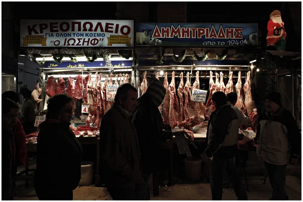 Slaktare Och Konsumenter Inom Offentlig Marknad Aten Grekland Den December — Stockfoto