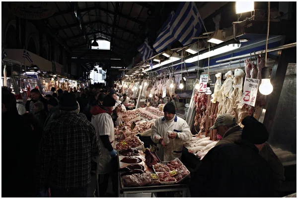 Macellai Consumatori All Interno Mercato Pubblico Atene Grecia Dicembre 2014 — Foto Stock