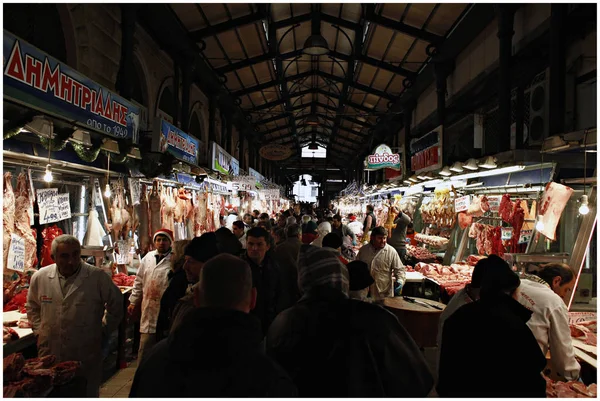 Macellai Consumatori All Interno Mercato Pubblico Atene Grecia Dicembre 2014 — Foto Stock
