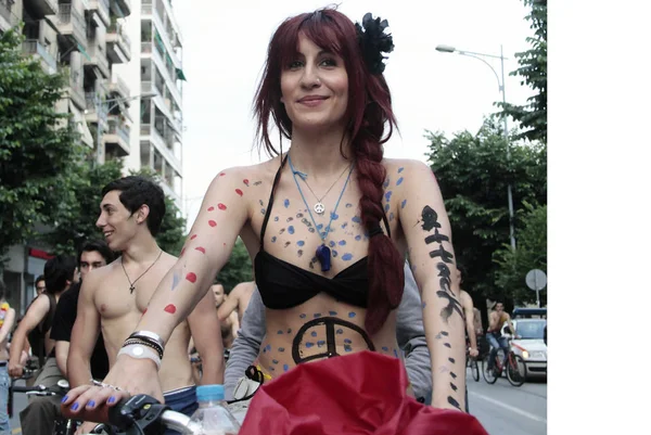 Thessalonique Grèce Juin 2011 Des Cyclistes Nus Participent International Naked — Photo