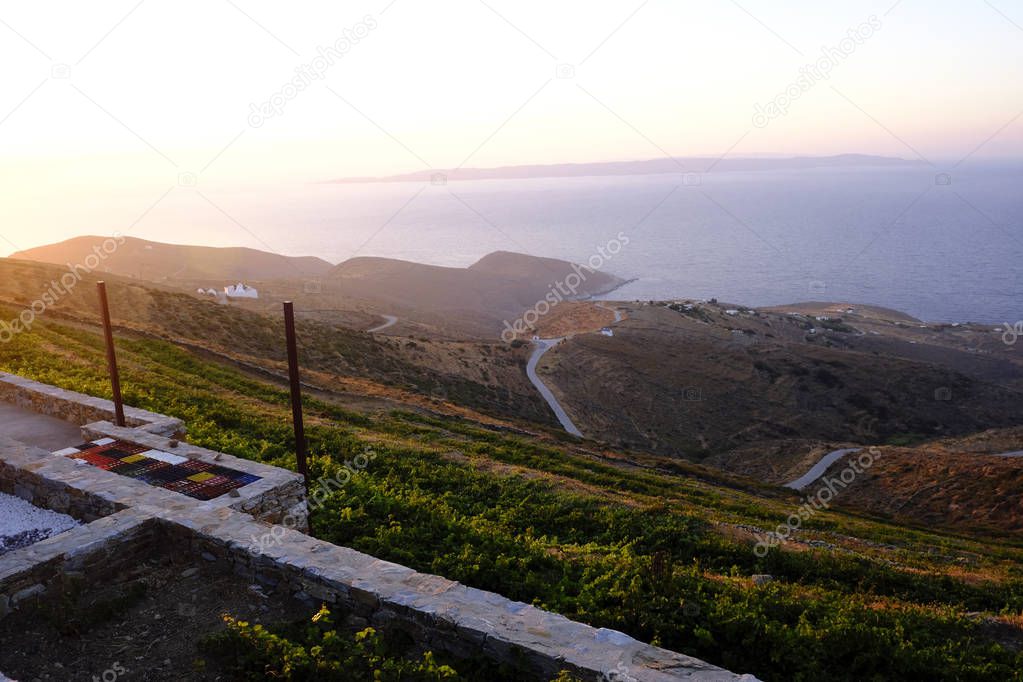 A vineyard at sunset in Serifos Island in Greece on Aug. 13, 2019.