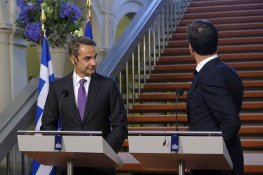 Hollanda Başbakanı Mark Rutte ve Yunanistan Başbakanı Kyriakos Mitsotakis 3 Eylül 2019 tarihinde Hollanda'nın Lahey kentinde düzenlenen ortak basın toplantısına katıldılar..