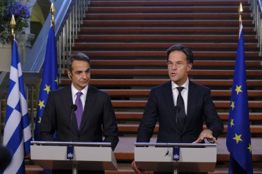 Hollanda Başbakanı Mark Rutte ve Yunanistan Başbakanı Kyriakos Mitsotakis 3 Eylül 2019 tarihinde Hollanda'nın Lahey kentinde düzenlenen ortak basın toplantısına katıldılar..