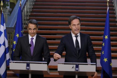 Hollanda Başbakanı Mark Rutte ve Yunanistan Başbakanı Kyriakos Mitsotakis 3 Eylül 2019 tarihinde Hollanda'nın Lahey kentinde düzenlenen ortak basın toplantısına katıldılar..