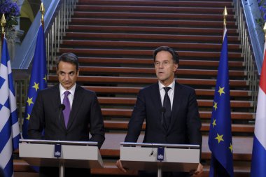 Hollanda Başbakanı Mark Rutte ve Yunanistan Başbakanı Kyriakos Mitsotakis 3 Eylül 2019 tarihinde Hollanda'nın Lahey kentinde düzenlenen ortak basın toplantısına katıldılar..