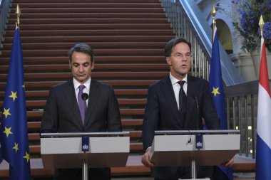 Hollanda Başbakanı Mark Rutte ve Yunanistan Başbakanı Kyriakos Mitsotakis 3 Eylül 2019 tarihinde Hollanda'nın Lahey kentinde düzenlenen ortak basın toplantısına katıldılar..