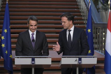 Hollanda Başbakanı Mark Rutte ve Yunanistan Başbakanı Kyriakos Mitsotakis 3 Eylül 2019 tarihinde Hollanda'nın Lahey kentinde düzenlenen ortak basın toplantısına katıldılar..