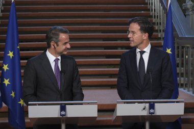 Hollanda Başbakanı Mark Rutte ve Yunanistan Başbakanı Kyriakos Mitsotakis 3 Eylül 2019 tarihinde Hollanda'nın Lahey kentinde düzenlenen ortak basın toplantısına katıldılar..