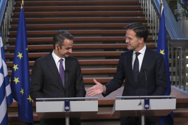 Hollanda Başbakanı Mark Rutte ve Yunanistan Başbakanı Kyriakos Mitsotakis 3 Eylül 2019 tarihinde Hollanda'nın Lahey kentinde düzenlenen ortak basın toplantısına katıldılar..