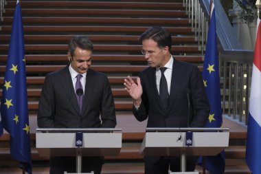 Hollanda Başbakanı Mark Rutte ve Yunanistan Başbakanı Kyriakos Mitsotakis 3 Eylül 2019 tarihinde Hollanda'nın Lahey kentinde düzenlenen ortak basın toplantısına katıldılar..