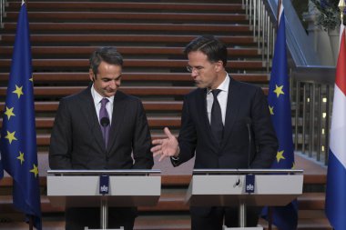 Hollanda Başbakanı Mark Rutte ve Yunanistan Başbakanı Kyriakos Mitsotakis 3 Eylül 2019 tarihinde Hollanda'nın Lahey kentinde düzenlenen ortak basın toplantısına katıldılar..