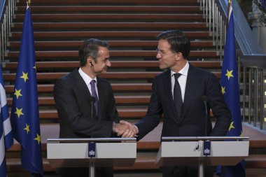 Hollanda Başbakanı Mark Rutte ve Yunanistan Başbakanı Kyriakos Mitsotakis 3 Eylül 2019 tarihinde Hollanda'nın Lahey kentinde düzenlenen ortak basın toplantısına katıldılar..