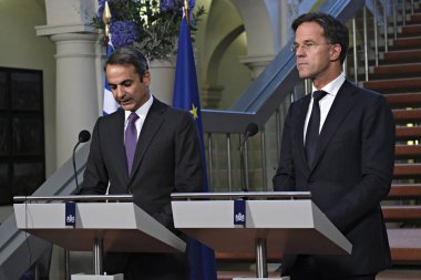 Hollanda Başbakanı Mark Rutte ve Yunanistan Başbakanı Kyriakos Mitsotakis 3 Eylül 2019 tarihinde Hollanda'nın Lahey kentinde düzenlenen ortak basın toplantısına katıldılar..