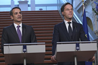 Hollanda Başbakanı Mark Rutte ve Yunanistan Başbakanı Kyriakos Mitsotakis 3 Eylül 2019 tarihinde Hollanda'nın Lahey kentinde düzenlenen ortak basın toplantısına katıldılar..