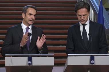 Hollanda Başbakanı Mark Rutte ve Yunanistan Başbakanı Kyriakos Mitsotakis 3 Eylül 2019 tarihinde Hollanda'nın Lahey kentinde düzenlenen ortak basın toplantısına katıldılar..
