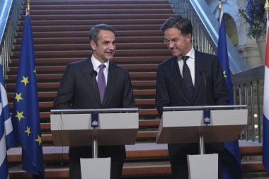 Hollanda Başbakanı Mark Rutte ve Yunanistan Başbakanı Kyriakos Mitsotakis 3 Eylül 2019 tarihinde Hollanda'nın Lahey kentinde düzenlenen ortak basın toplantısına katıldılar..