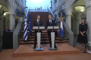 Hollanda Başbakanı Mark Rutte ve Yunanistan Başbakanı Kyriakos Mitsotakis 3 Eylül 2019 tarihinde Hollanda'nın Lahey kentinde düzenlenen ortak basın toplantısına katıldılar..
