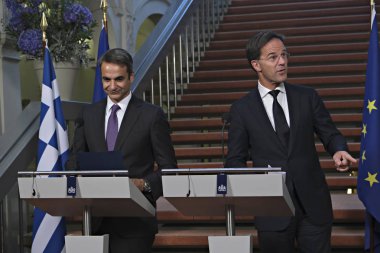 Hollanda Başbakanı Mark Rutte ve Yunanistan Başbakanı Kyriakos Mitsotakis 3 Eylül 2019 tarihinde Hollanda'nın Lahey kentinde düzenlenen ortak basın toplantısına katıldılar..