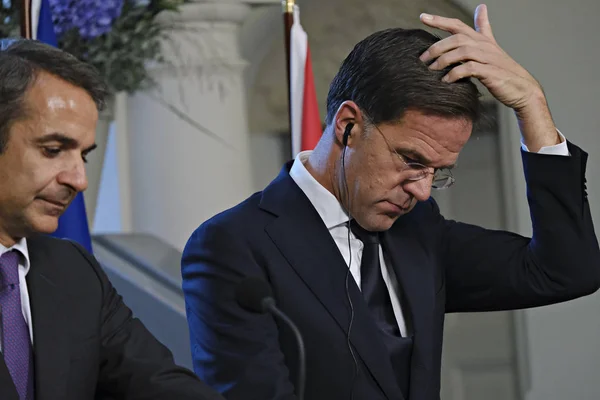 Holenderski Premier Mark Rutte Grecki Premier Kyriakos Mitsotakis Uczestniczą Wspólnej — Zdjęcie stockowe