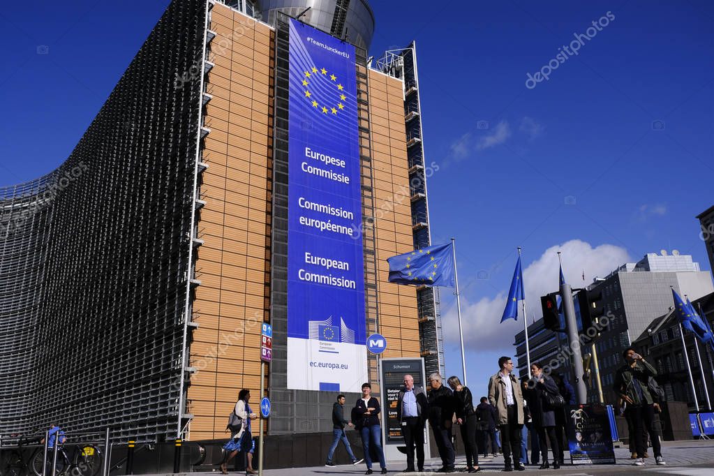 Brussels, Belgium. 27th September 2019. People walk outside of European Commission offices.