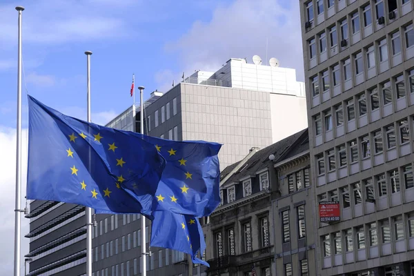 Les drapeaux de l'Union européenne battent en berne en hommage aux anciens — Photo