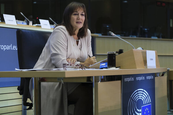 European Commissioner designate for Democracy and Demography Dubravka Suica listens to a question during her hearing at the European Parliament in Brussels, Thursday, Oct. 3, 2019.