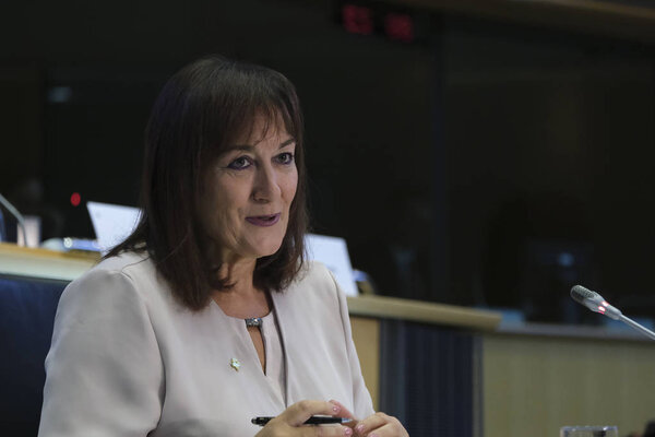 European Commissioner designate for Democracy and Demography Dubravka Suica listens to a question during her hearing at the European Parliament in Brussels, Thursday, Oct. 3, 2019.