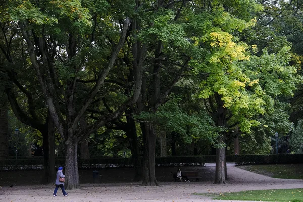 Pessoas Visitam Park Cinquantenaire Meio Árvores Amareladas Esverdeadas Durante Outono — Fotografia de Stock