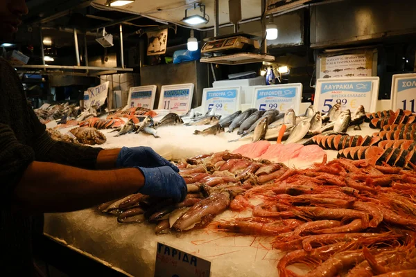 Camarones Frescos Exhibición Mercado Pescado Atenas Grecia Febrero 2020 —  Fotos de Stock