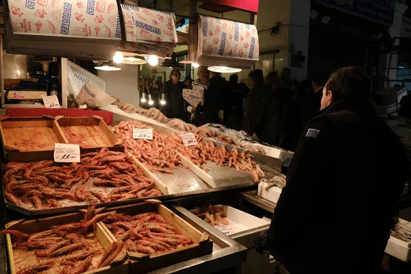 Gamberetti Freschi Mostra Nel Mercato Del Pesce Atene Grecia Febbraio — Foto Stock