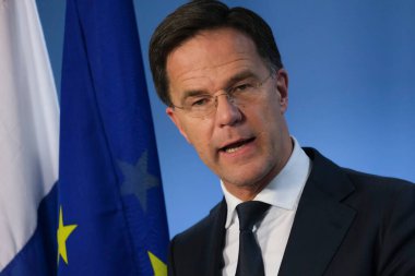 Brüksel, Belçika. 21 Şubat 2020. Hollanda Başbakanı Mark Rutte, AB liderlerinin zirvesi sonrasında düzenlediği basın toplantısında konuştu.